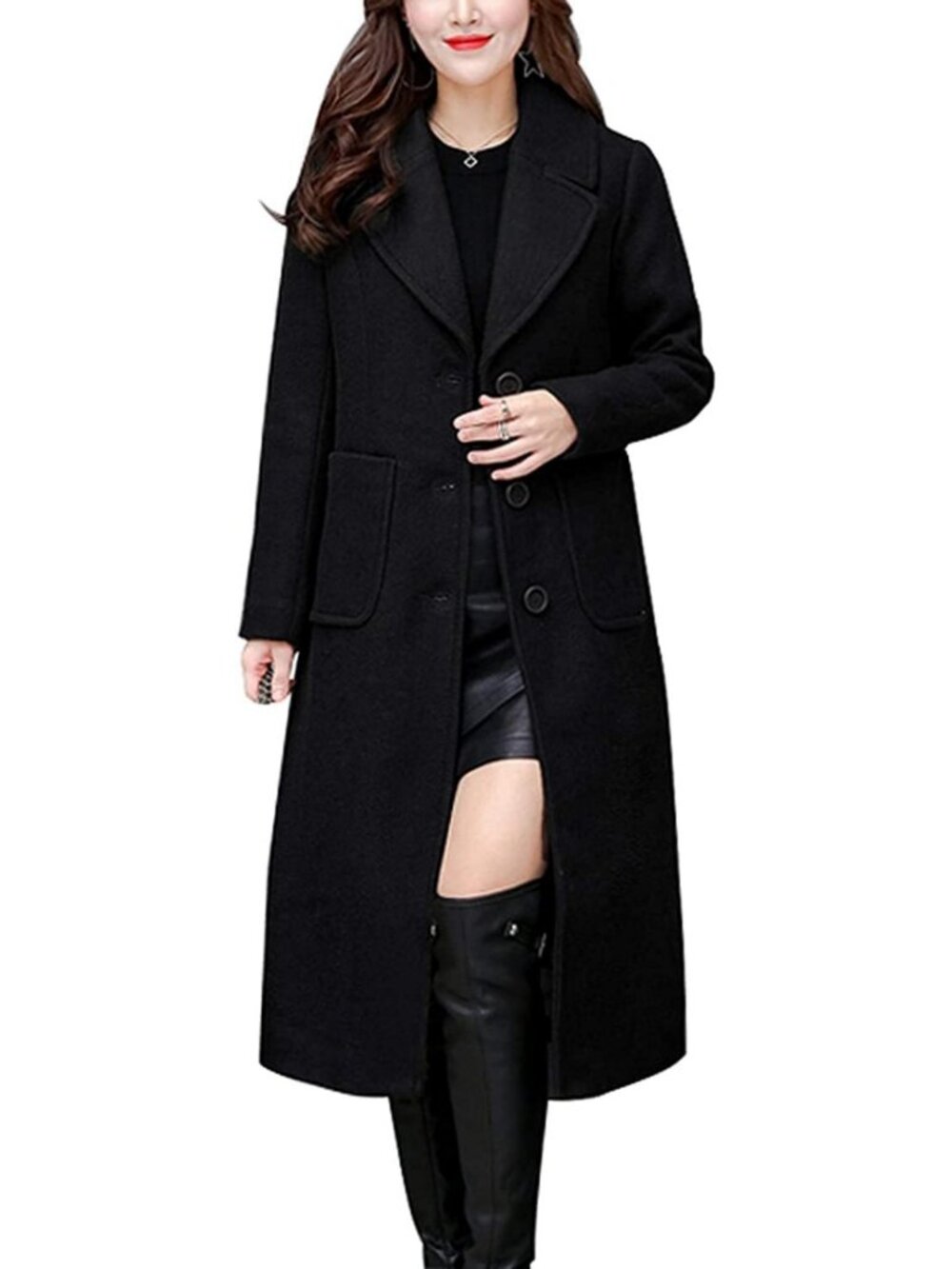 Chic Women's Mid-Length Wool Blend Coat with Big Notch Lapel & Single Breasted